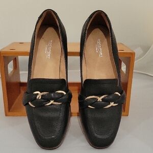 Rockport Women's Black Leather Flats with Gold Chain